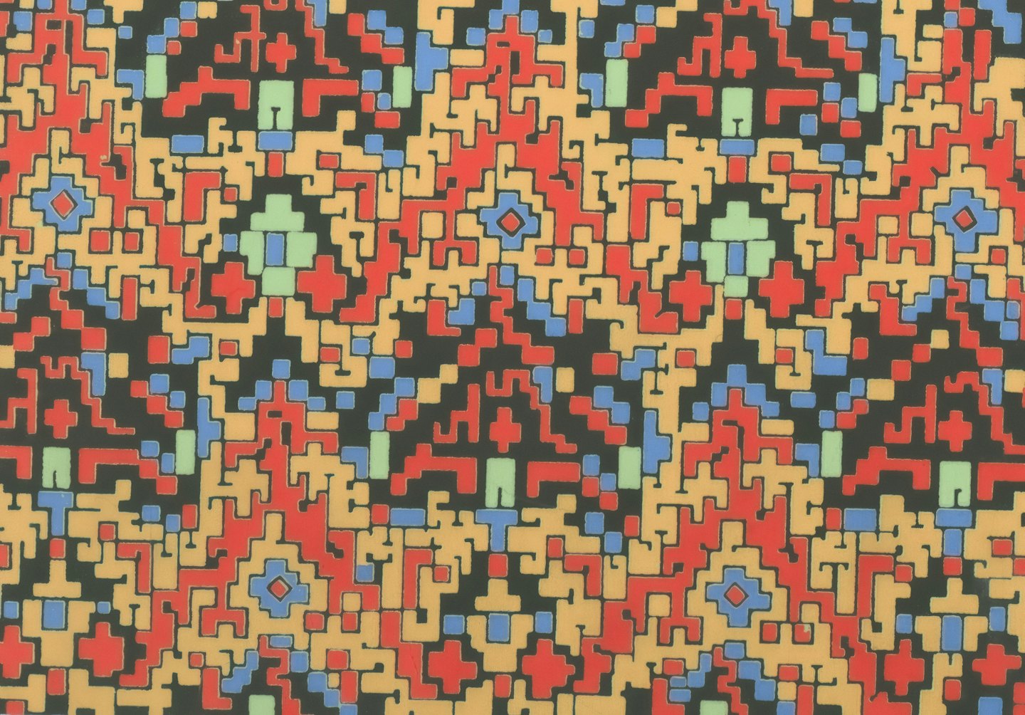 Colorful geometric patterns interlock across a black surface.